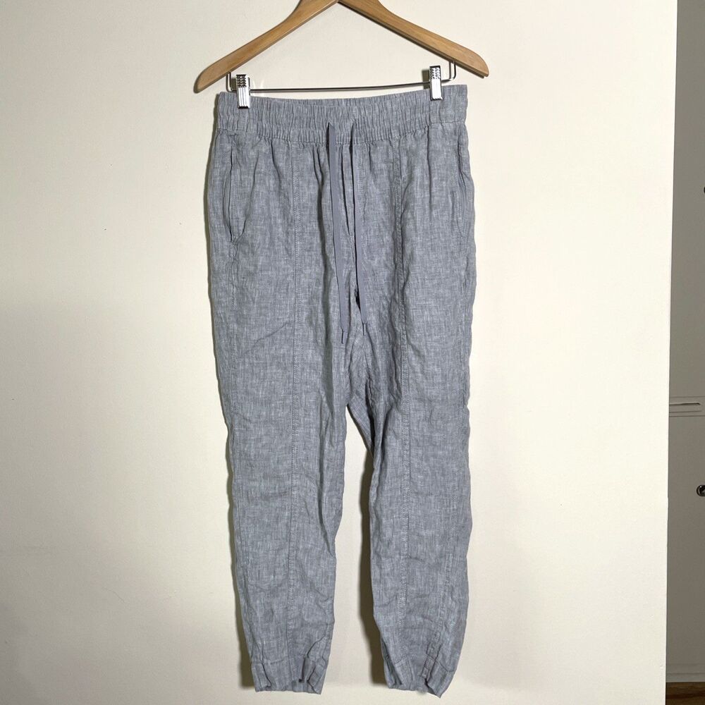 Athleta Women's 100% Linen Pants Size S Gray Zipper Pockets Drawstring Waist